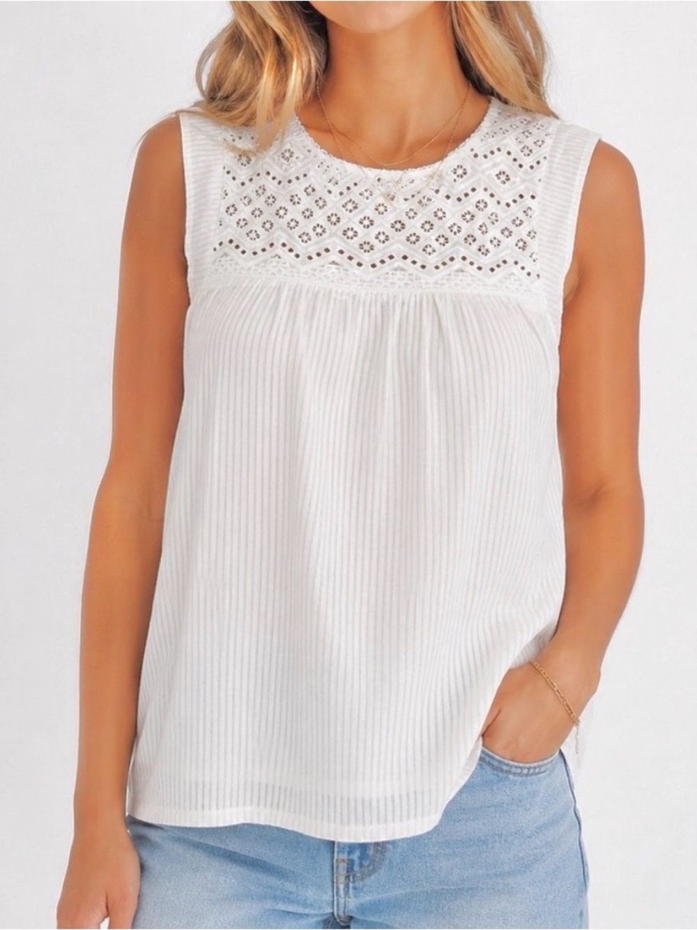 Lucky Brand White Eyelet Yoke Sleeveless Top